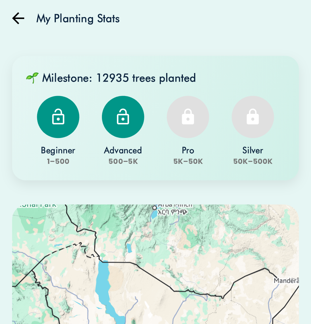 Screenshot of the KEFRI Jaza Miti app showing John Kamau's planted trees